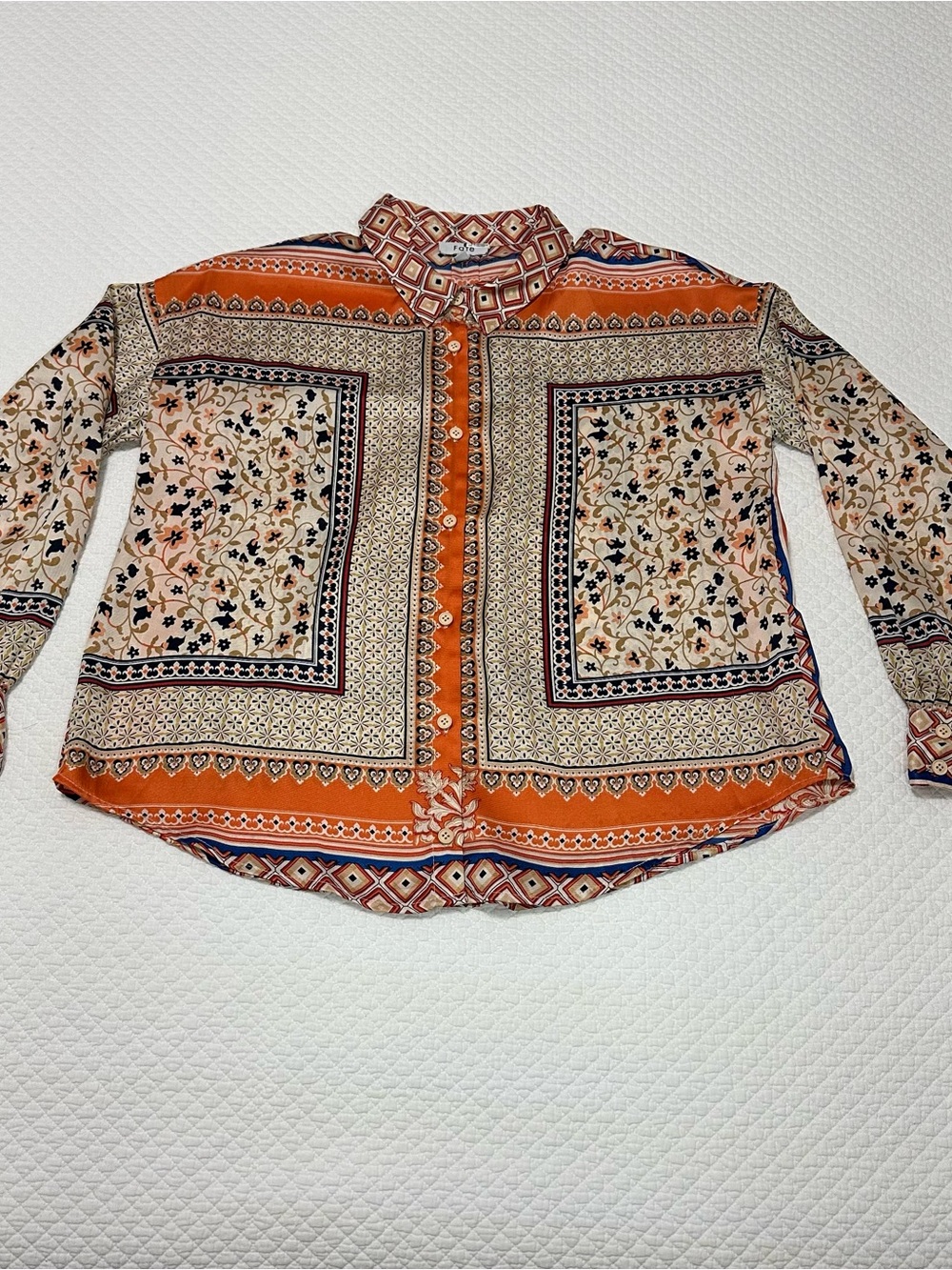 Fate Orange and Cream Patchwork Button-Up Blouse